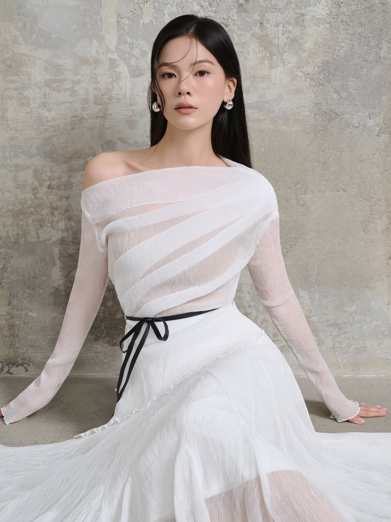 Alodia Mesh Off Shoulder Tailored Top in Iconic White